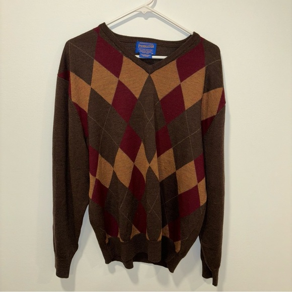 Pendleton Merino Wool Mens Sweater V-neck Plaid Argyle Brown Yellow Maroon - Picture 11 of 11